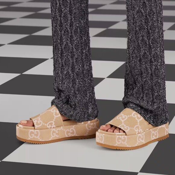 NEW GUCCI Macro GG Beige Monogram Canvas Platform Sandals Size EU 40.5 US 10.5 - Picture 9 of 12